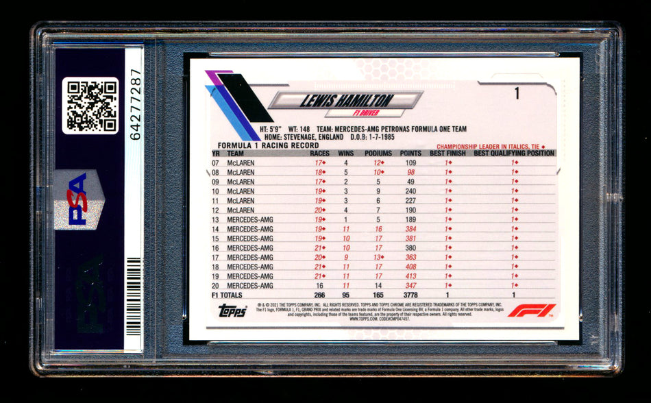 2021 Topps Chrome F1 #1 Lewis Hamilton Portrait PSA 10