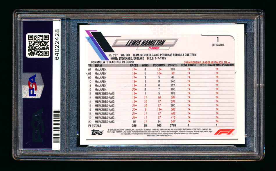 2021 Topps Chrome F1 #1 Lewis Hamilton Refractor Portrait PSA 10 ** (SOLD eBay - $119.00 - 5/4/2026) **