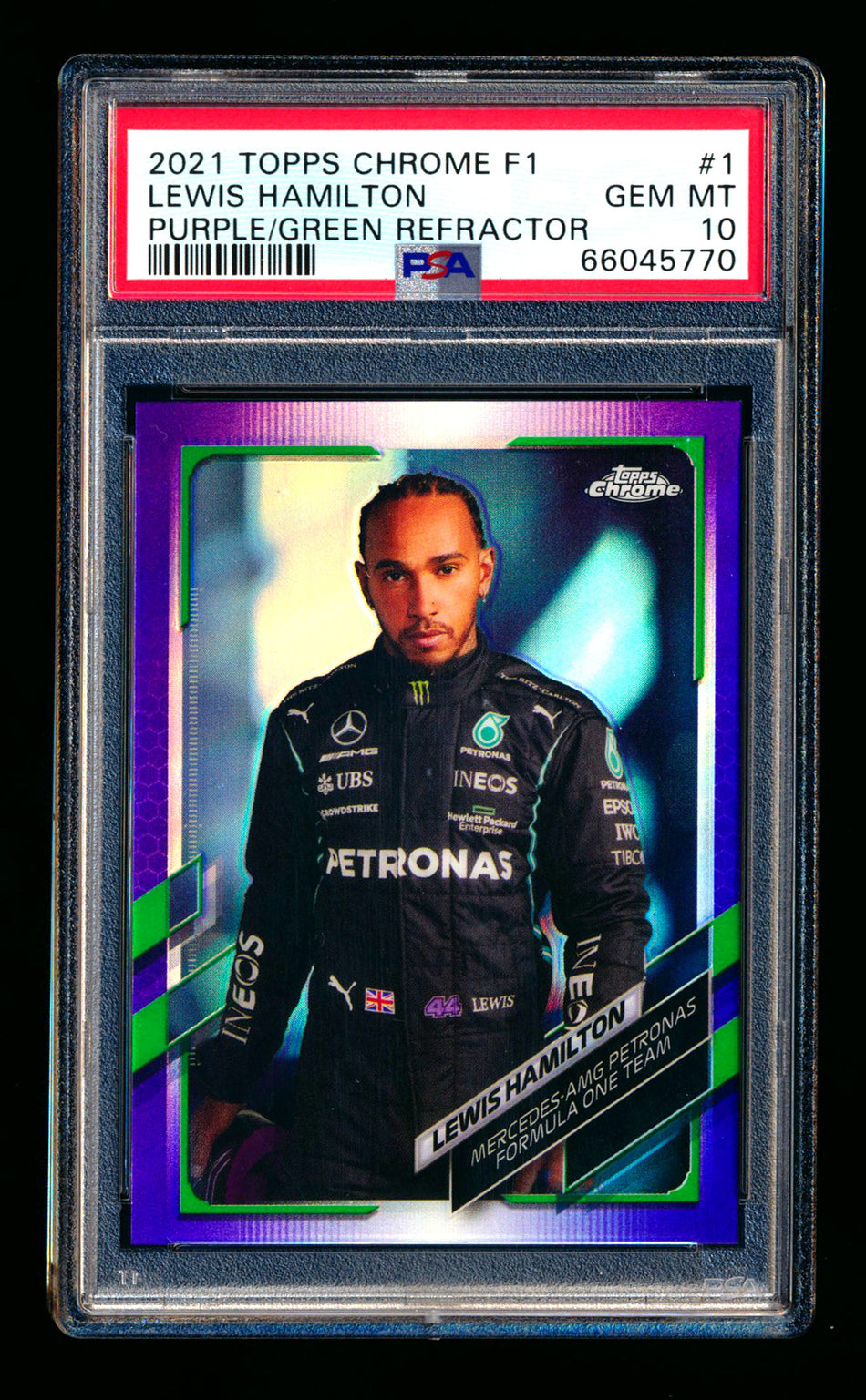 2021 Topps Chrome F1 #1 Lewis Hamilton Purple/Green Refractor Portrait PSA 10