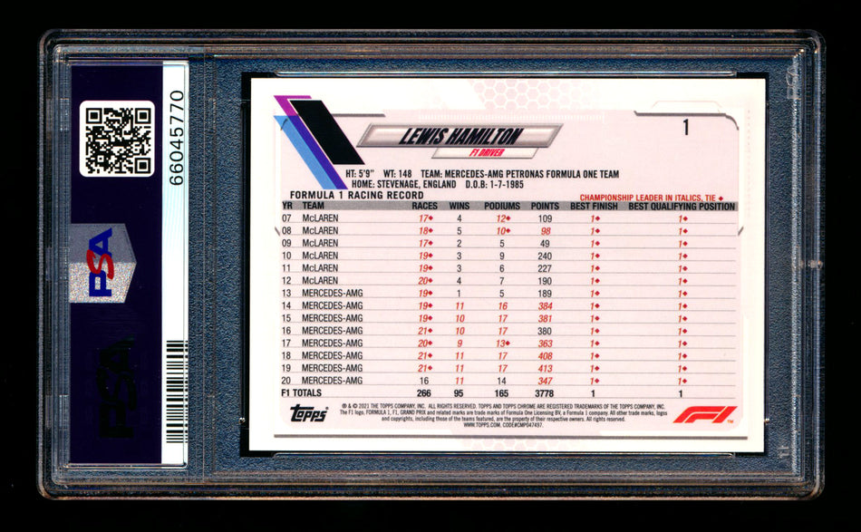 2021 Topps Chrome F1 #1 Lewis Hamilton Purple/Green Refractor Portrait PSA 10