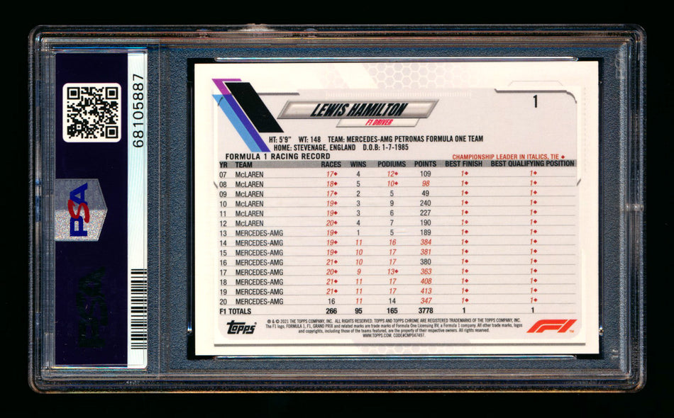 2021 Topps Chrome F1 #1 Lewis Hamilton Gold/Purple Refractor Portrait PSA 10