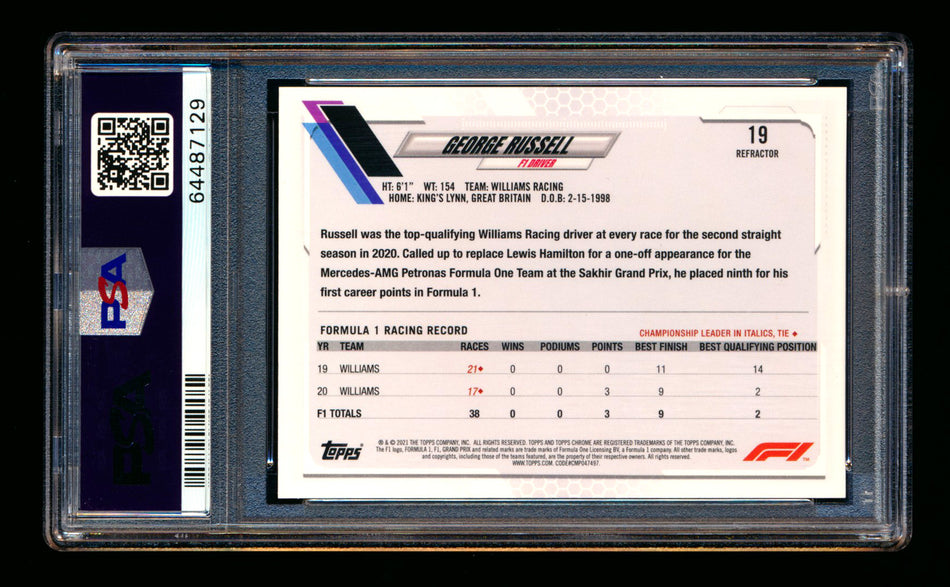 2021 Topps Chrome F1 #19 George Russell Refractor Portrait PSA 10 ** (SOLD eBay - $45.00 - 11/19/2025) **