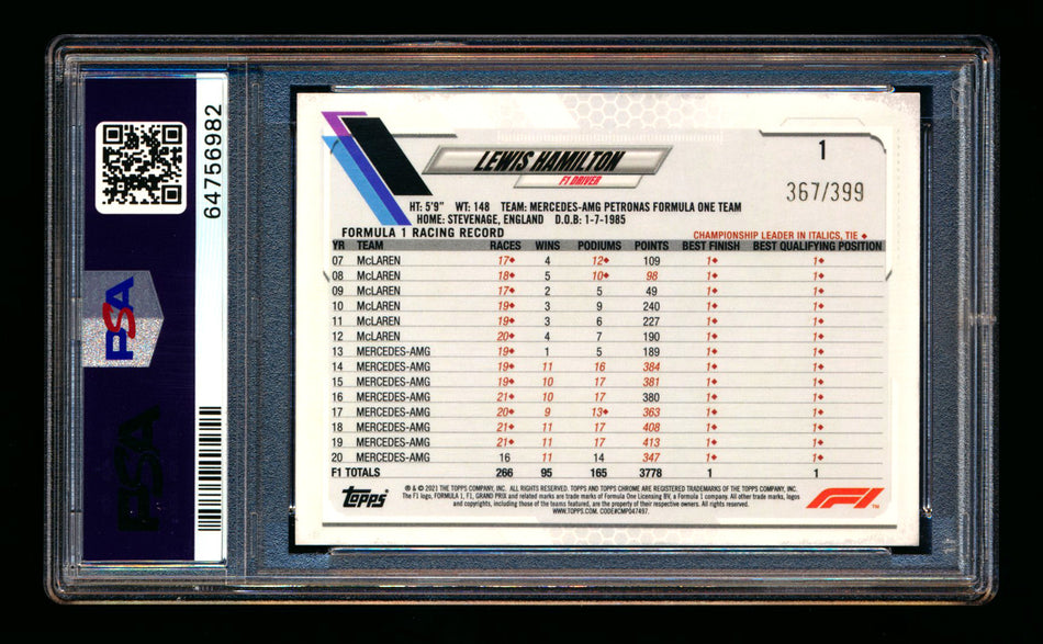 2021 Topps Chrome F1 #1 Lewis Hamilton Purple Refractor Portrait #367/399 PSA 9