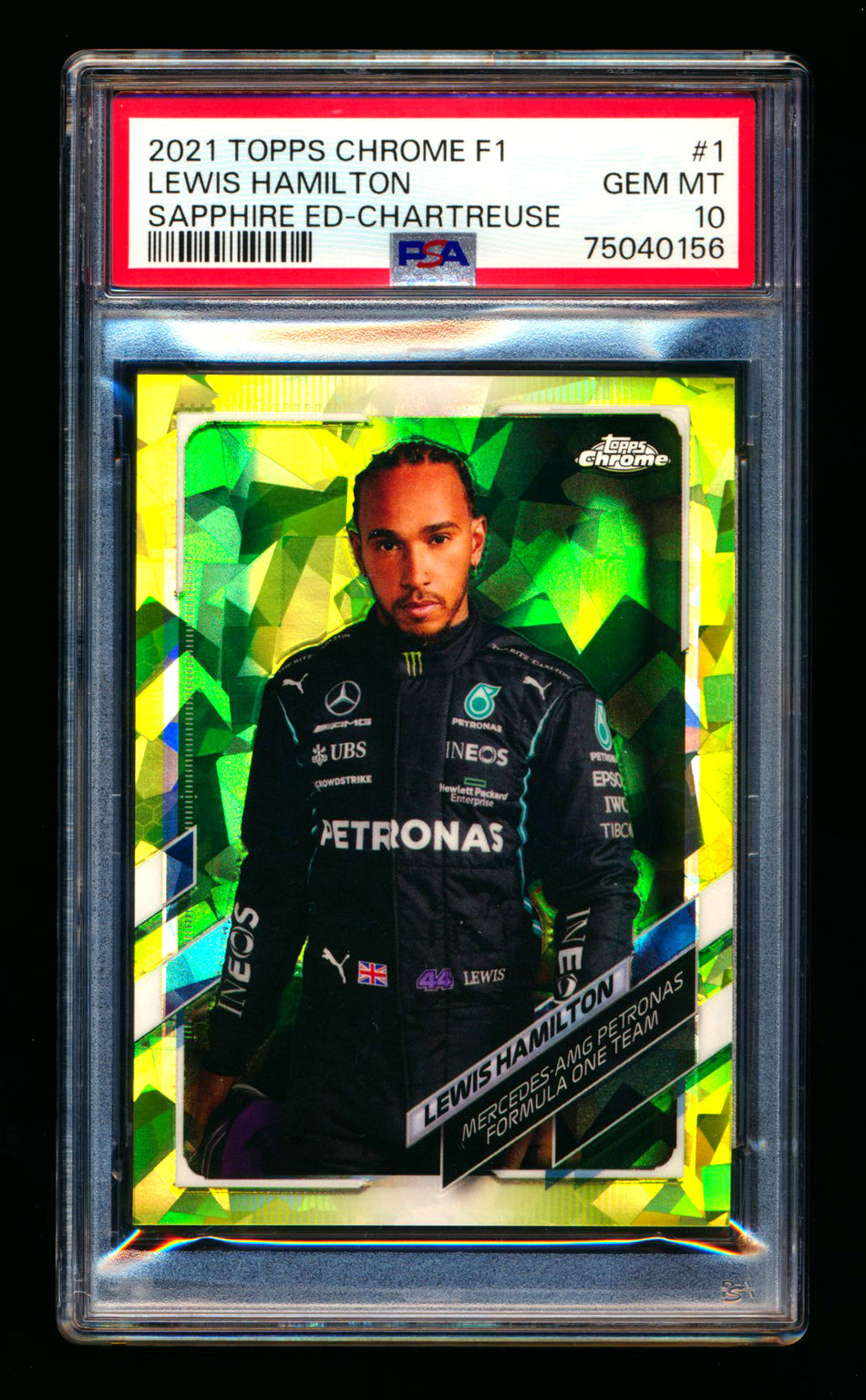 2021 Topps Chrome Sapphire F1 #1 Lewis Hamilton Chartreuse Refractor Portrait #106/199 PSA 10