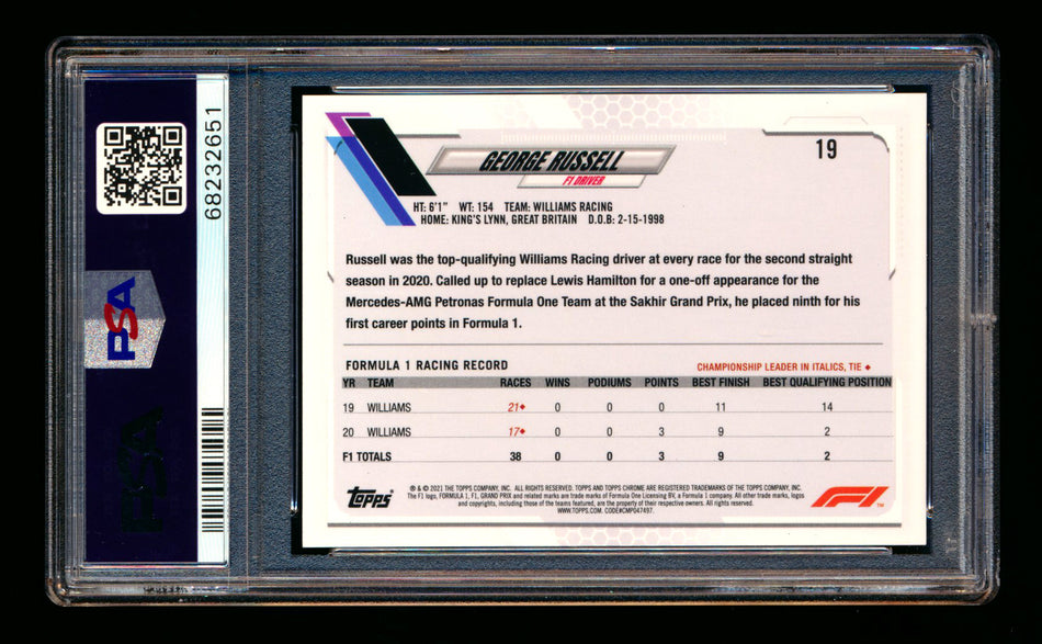 2021 Topps Chrome F1 #19 George Russell Gold/Purple Refractor Portrait PSA 10 ** (SOLD eBay - $59.00 - 11/14/2025) **