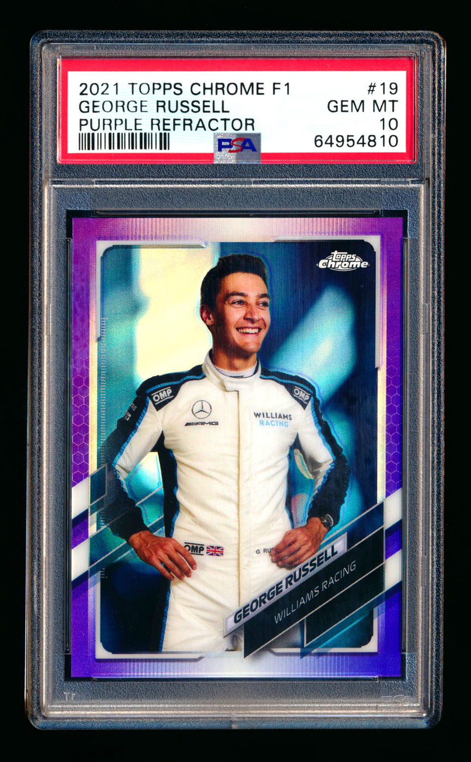 2021 Topps Chrome F1 #19 George Russell Purple Refractor Portrait #143/399 PSA 10 ** (SOLD eBay - $55.00 - 1/3/2026) **