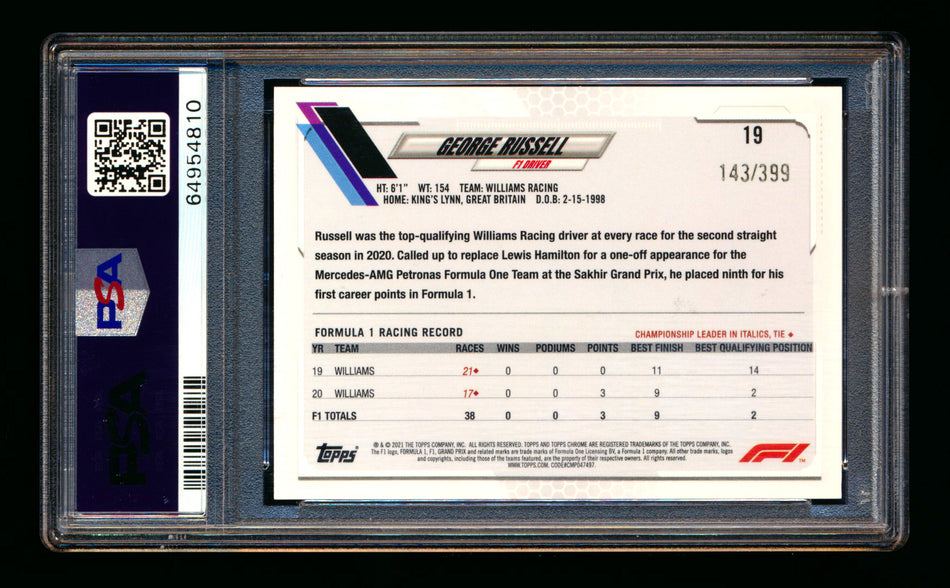 2021 Topps Chrome F1 #19 George Russell Purple Refractor Portrait #143/399 PSA 10 ** (SOLD eBay - $55.00 - 1/3/2026) **