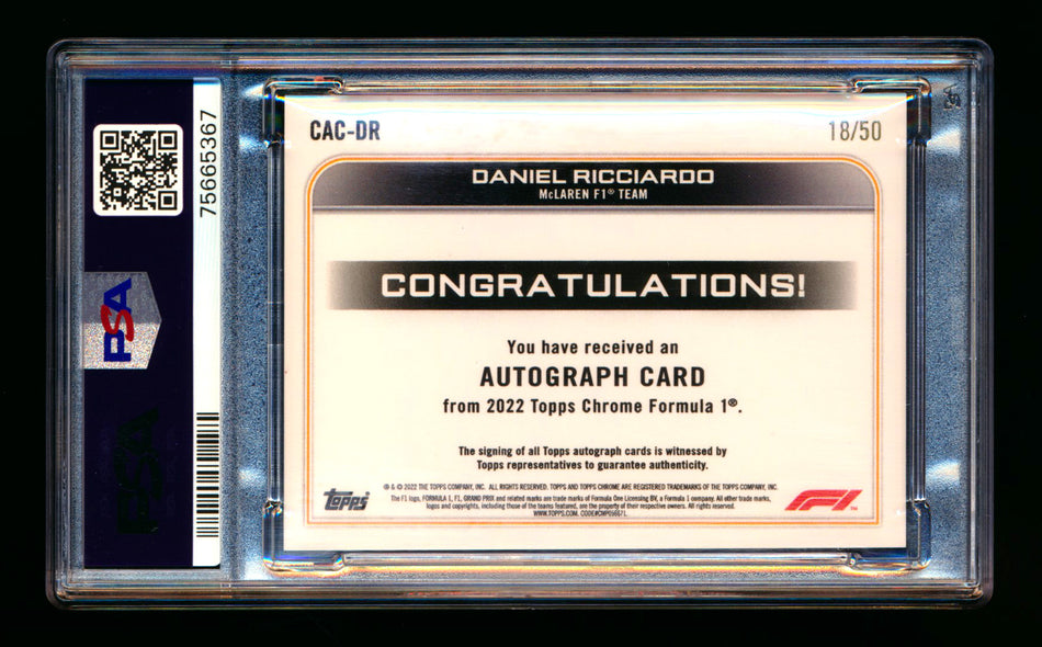 2022 Topps Chrome F1 #CAC-DR Daniel Ricciardo Gold Wave Refractor Autograph #18/50 PSA 10 ** (SOLD eBay - $479.00 - 2/20/2026) **