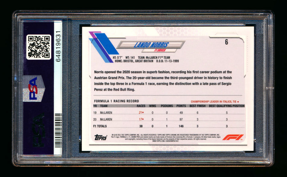 2021 Topps Chrome F1 #6 Lando Norris Orange/Red Refractor Portrait PSA 10