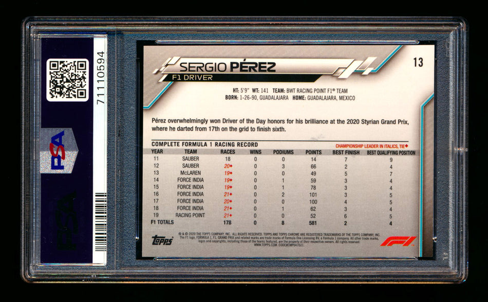 2020 Topps Chrome Sapphire F1 #13 Sergio Perez RC Refractor Portrait PSA 10 ** (SOLD eBay - $95.00 - 1/19/2026) **