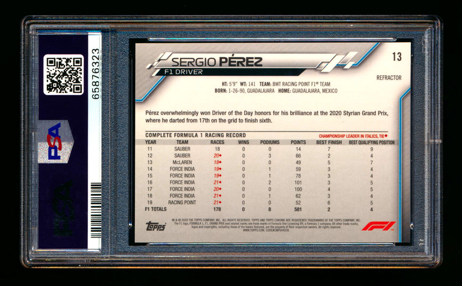 2020 Topps Chrome F1 #13 Sergio Perez RC Refractor Portrait PSA 9