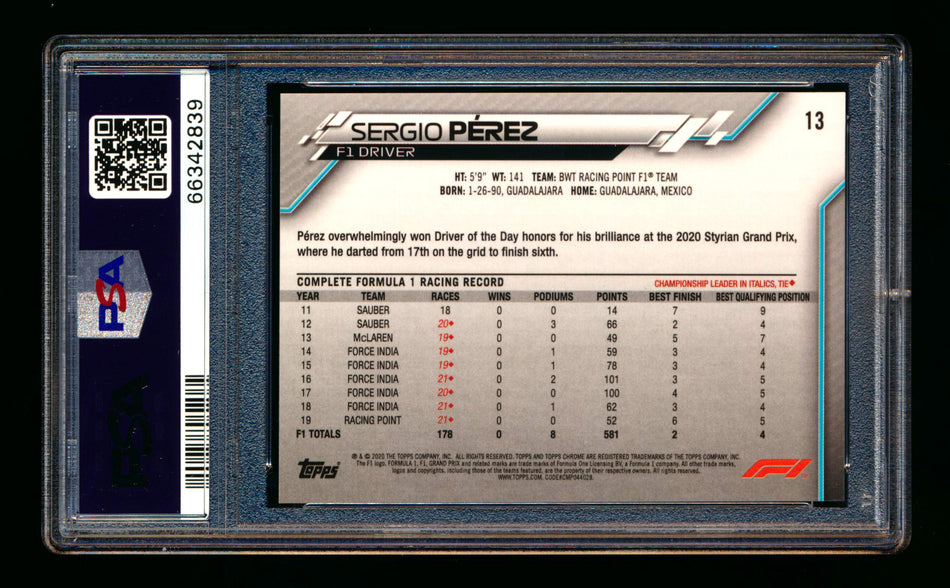 2020 Topps Chrome F1 #13 Sergio Perez RC Portrait PSA 10