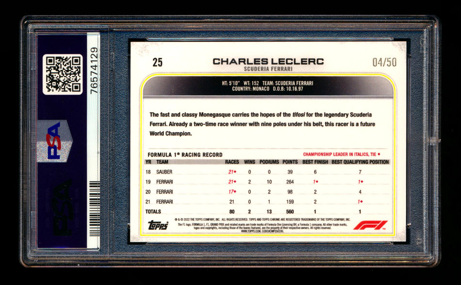 2022 Topps Chrome F1 #25 Charles Leclerc Gold Checker Flag Refractor Portrait #04/50 PSA 10 ** (SOLD eBay - $179.00 - 1/1/2026) **