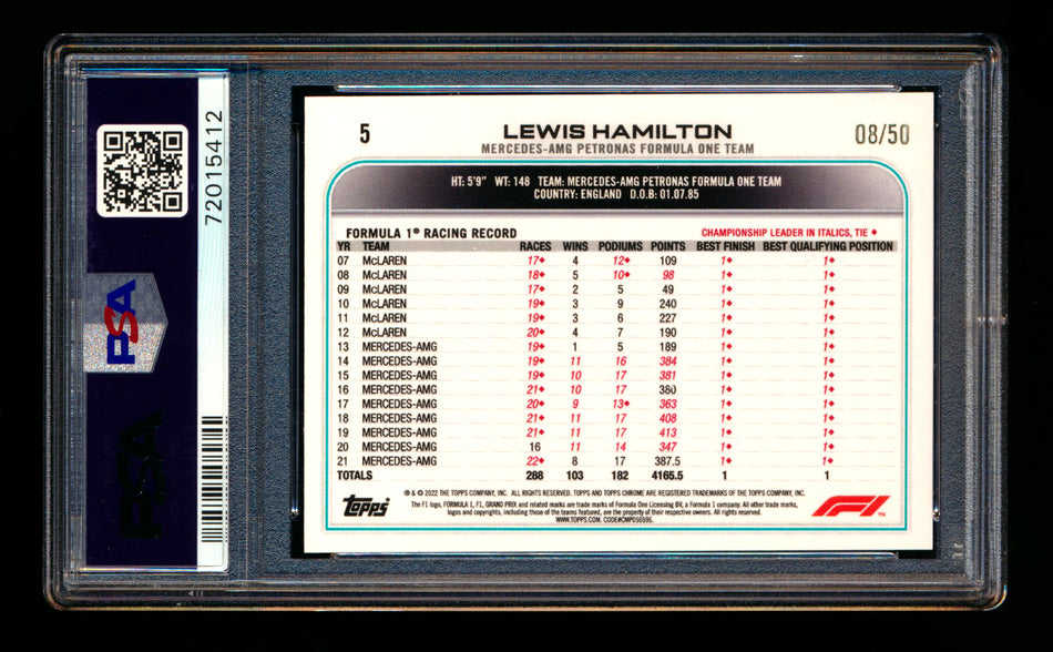 2022 Topps Chrome F1 #5 Lewis Hamilton Gold Wave Refractor Portrait #08/50 PSA 9 ** (SOLD eBay - $125.00 - 11/30/2025) **
