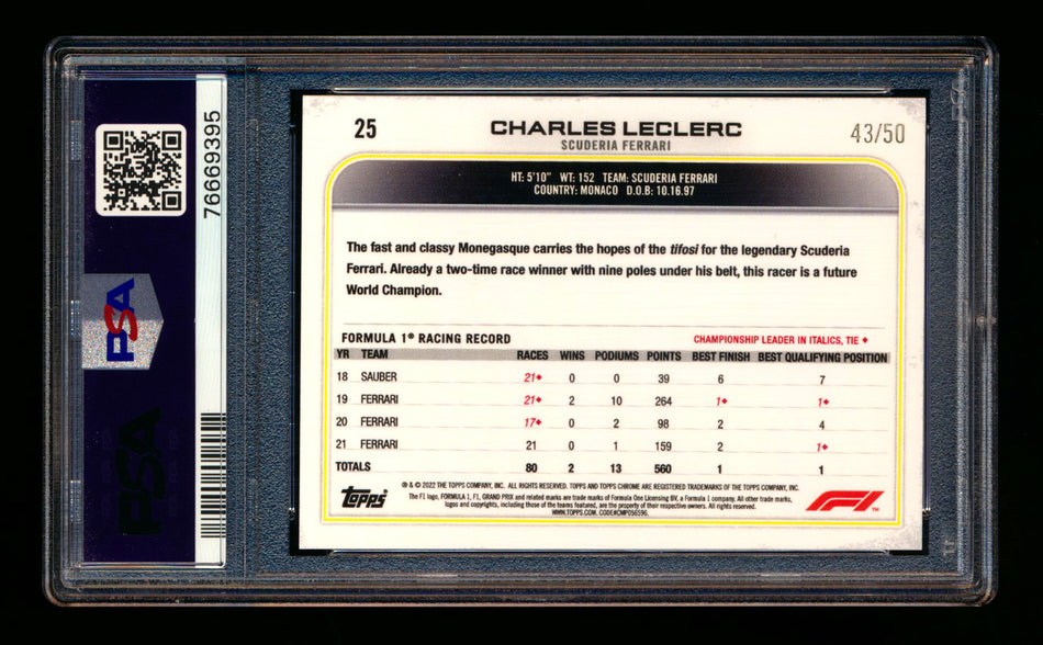 2022 Topps Chrome F1 #25 Charles Leclerc Gold Refractor Portrait #43/50 PSA 10 ** (SOLD eBay - $279.00 - 3/22/2026) **
