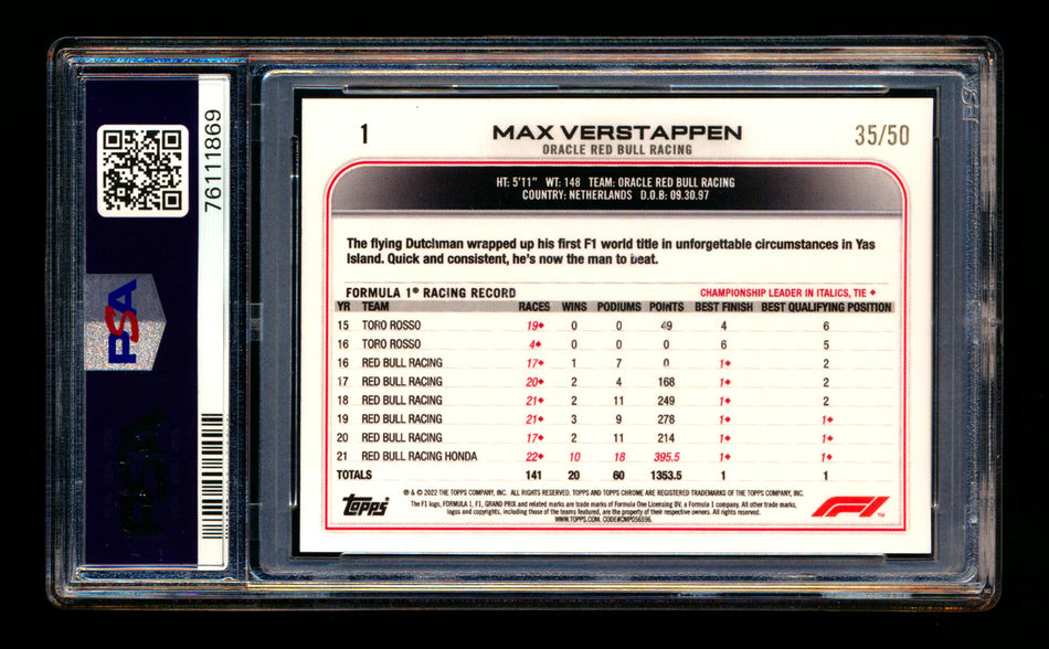 2022 Topps Chrome F1 #1 Max Verstappen Gold Refractor Portrait #35/50 PSA 9 ** (SOLD - $220.00 - 1/24/2026) **