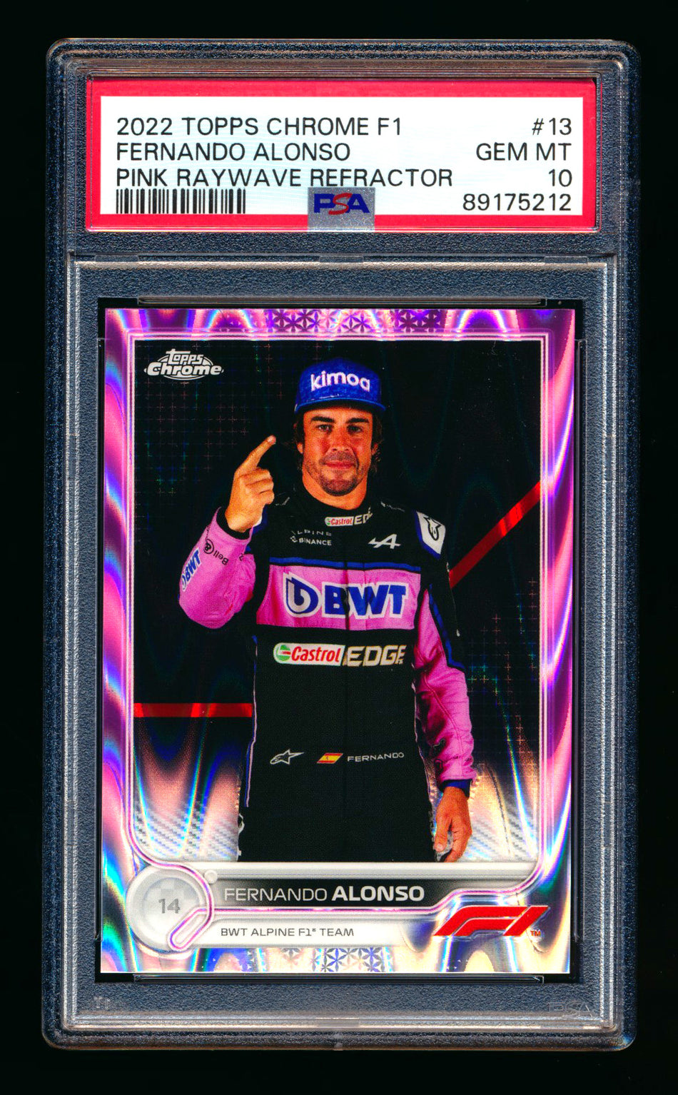 2022 Topps Chrome F1 #13 Fernando Alonso Pink Raywave Refractor Portrait #05/75 PSA 10