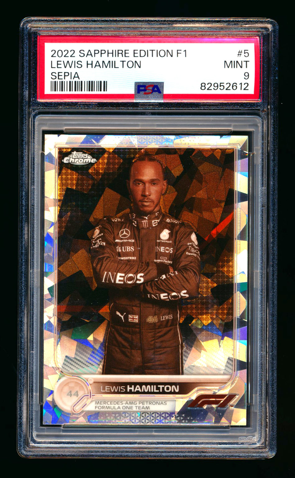 2022 Topps Chrome Sapphire F1 #5 Lewis Hamilton Sepia Refractor Portrait #035/100 PSA 9