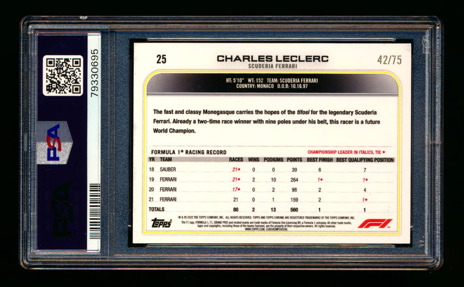 2022 Topps Chrome F1 #25 Charles Leclerc Pink Refractor Portrait #42/75 PSA 10 ** (SOLD eBay - $119.00 - 3/22/2026) **