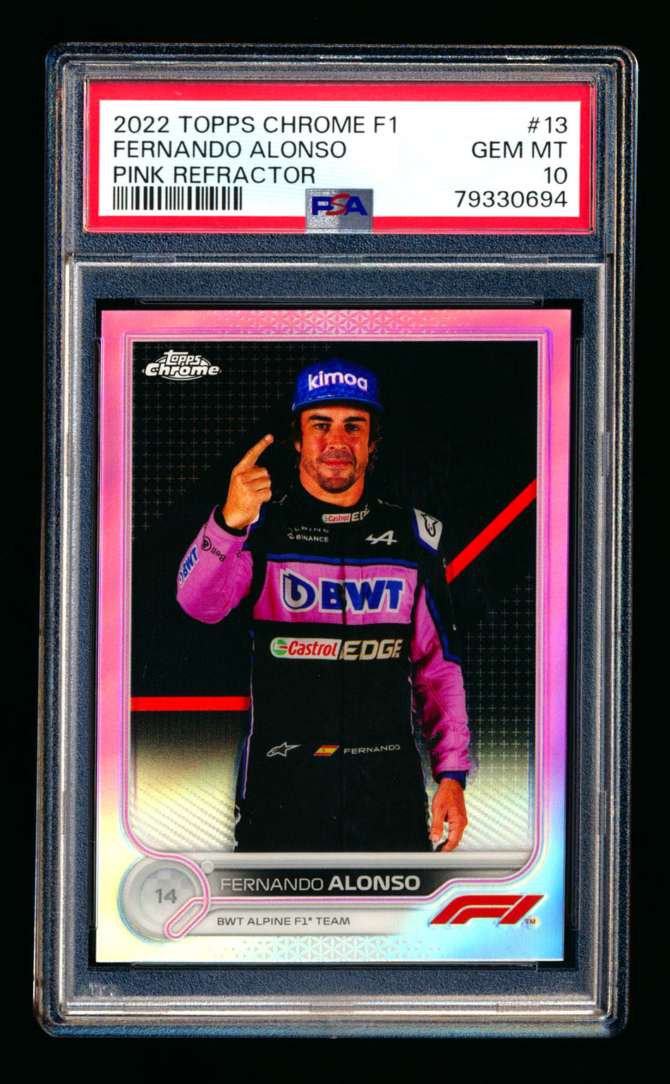 2022 Topps Chrome F1 #13 Fernando Alonso Pink Refractor Portrait #55/75 PSA 10 ** (SOLD eBay - $65.00 - 2/26/2026) **
