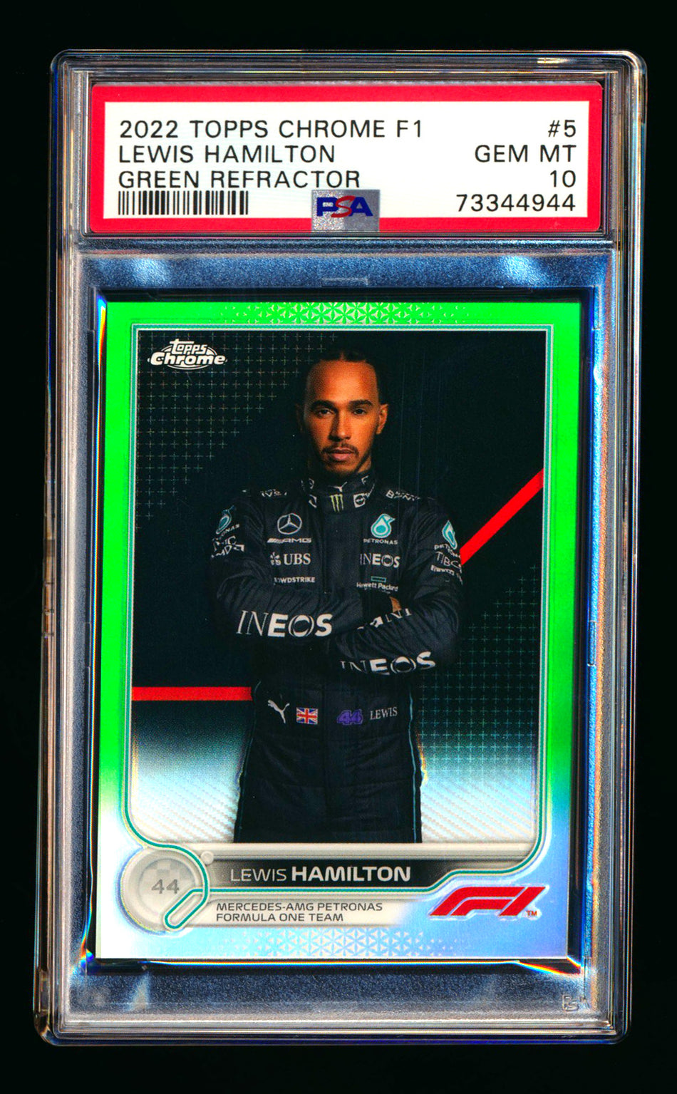 2022 Topps Chrome F1 #5 Lewis Hamilton Green Refractor Portrait #33/99 PSA 10