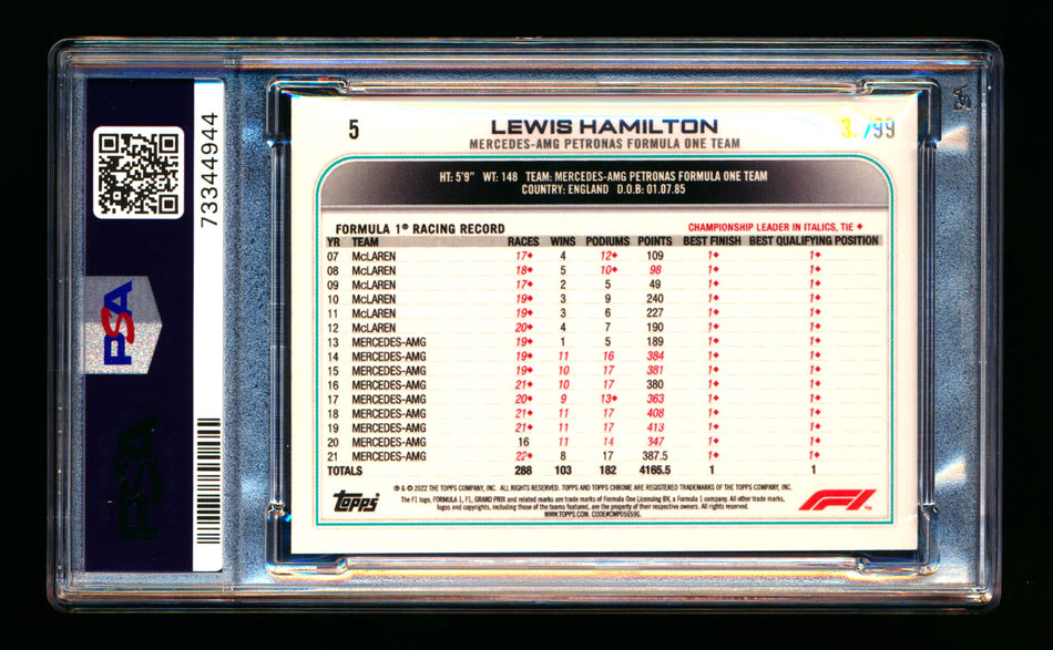 2022 Topps Chrome F1 #5 Lewis Hamilton Green Refractor Portrait #33/99 PSA 10