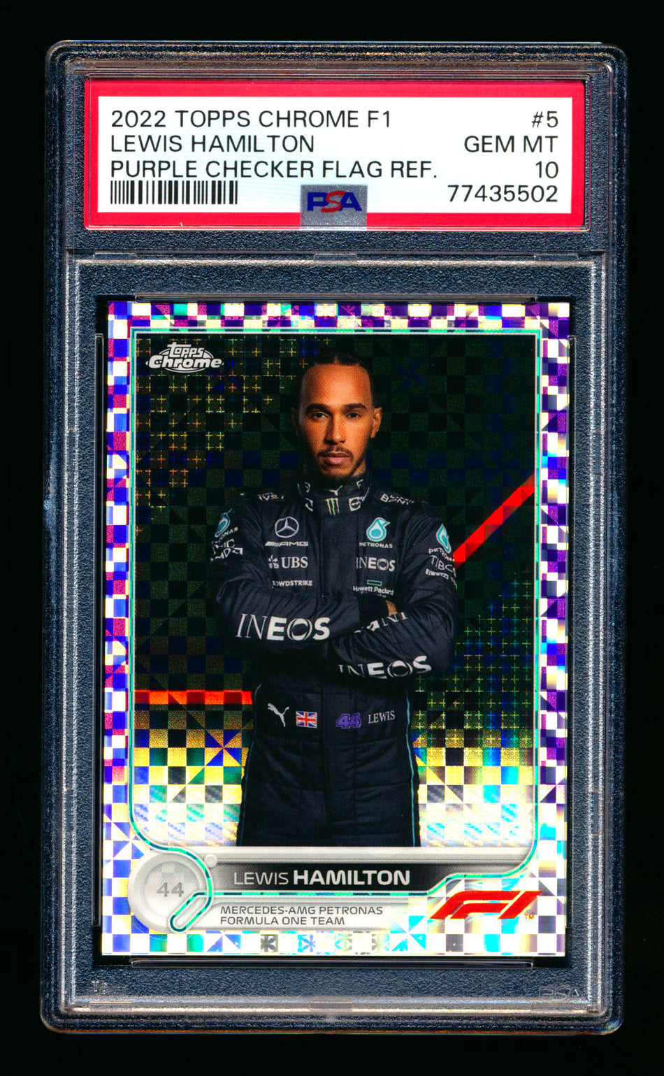 2022 Topps Chrome F1 #5 Lewis Hamilton Purple Checker Flag Refractor Portrait #013/199 PSA 10 ** (SOLD eBay - $89.00 - 1/22/2026) **