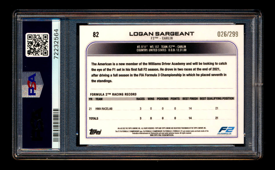2022 Topps Chrome F1 #82 Logan Sargeant Mini Diamond Refractor Portrait #026/299 PSA 10 ** (SOLD eBay - $29.00 - 12/1/2025) **