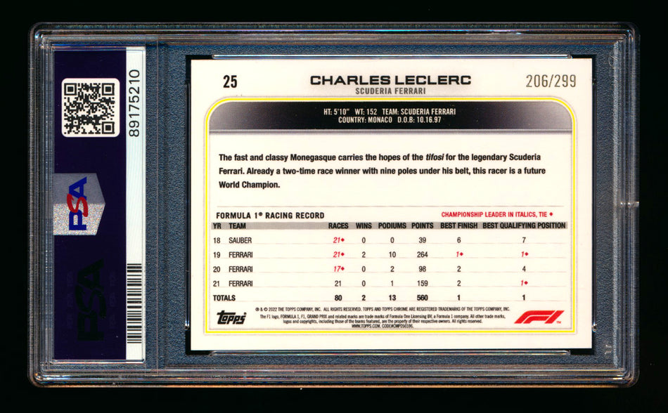 2022 Topps Chrome F1 #25 Charles Leclerc Mini Diamond Refractor Portrait #206/299 PSA 10 ** (SOLD eBay - $95.00 - 12/19/2025) **