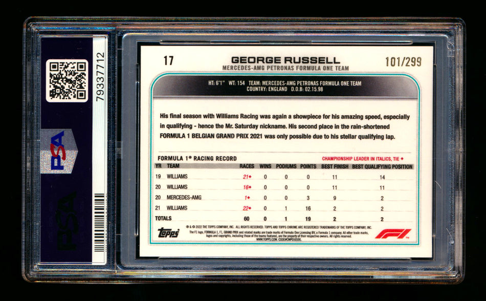 2022 Topps Chrome F1 #17 George Russell Mini Diamond Refractor Portrait #101/299 PSA 10 ** (SOLD - $65.00 - 2/4/2026) **
