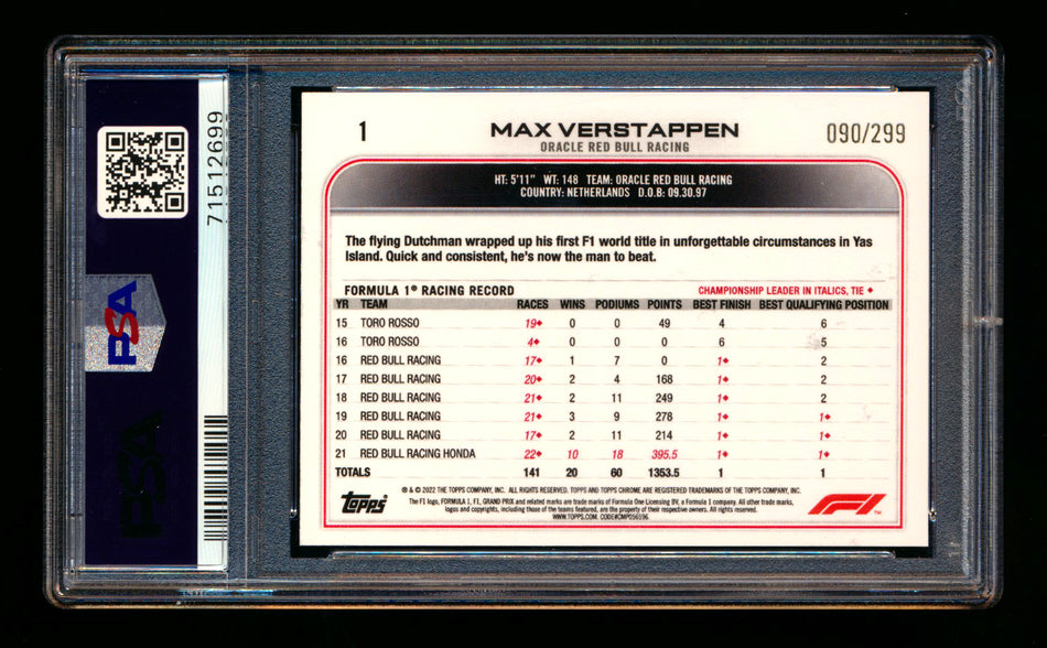 2022 Topps Chrome F1 #1 Max Verstappen Mini Diamond Refractor Portrait #090/299 PSA 10  ** (SOLD eBay - $149.00 - 2/18/2026) **