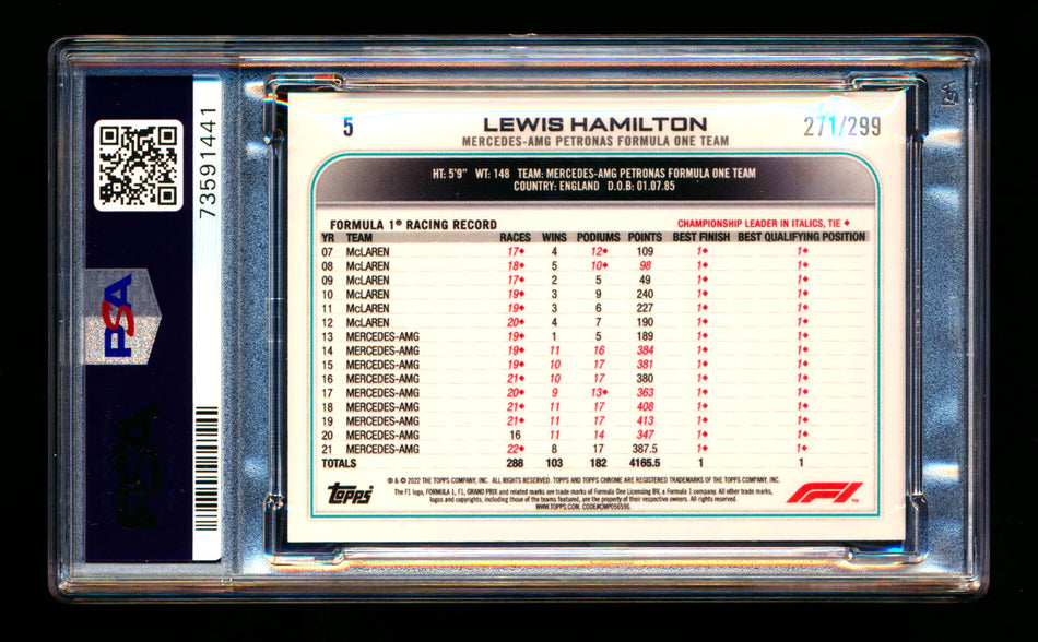 2022 Topps Chrome F1 #5 Lewis Hamilton Mini Diamond Refractor Portrait #271/299 PSA 10 ** (SOLD eBay - $79.00 - 11/29/2025) **