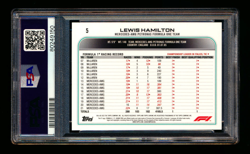 2022 Topps Chrome F1 #5 Lewis Hamilton Red/Green Refractor Portrait PSA 9
