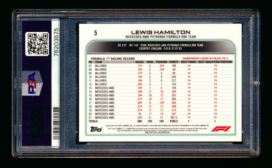 2022 Topps Chrome F1 #5 Lewis Hamilton Orange/Red Refractor Portrait PSA 10