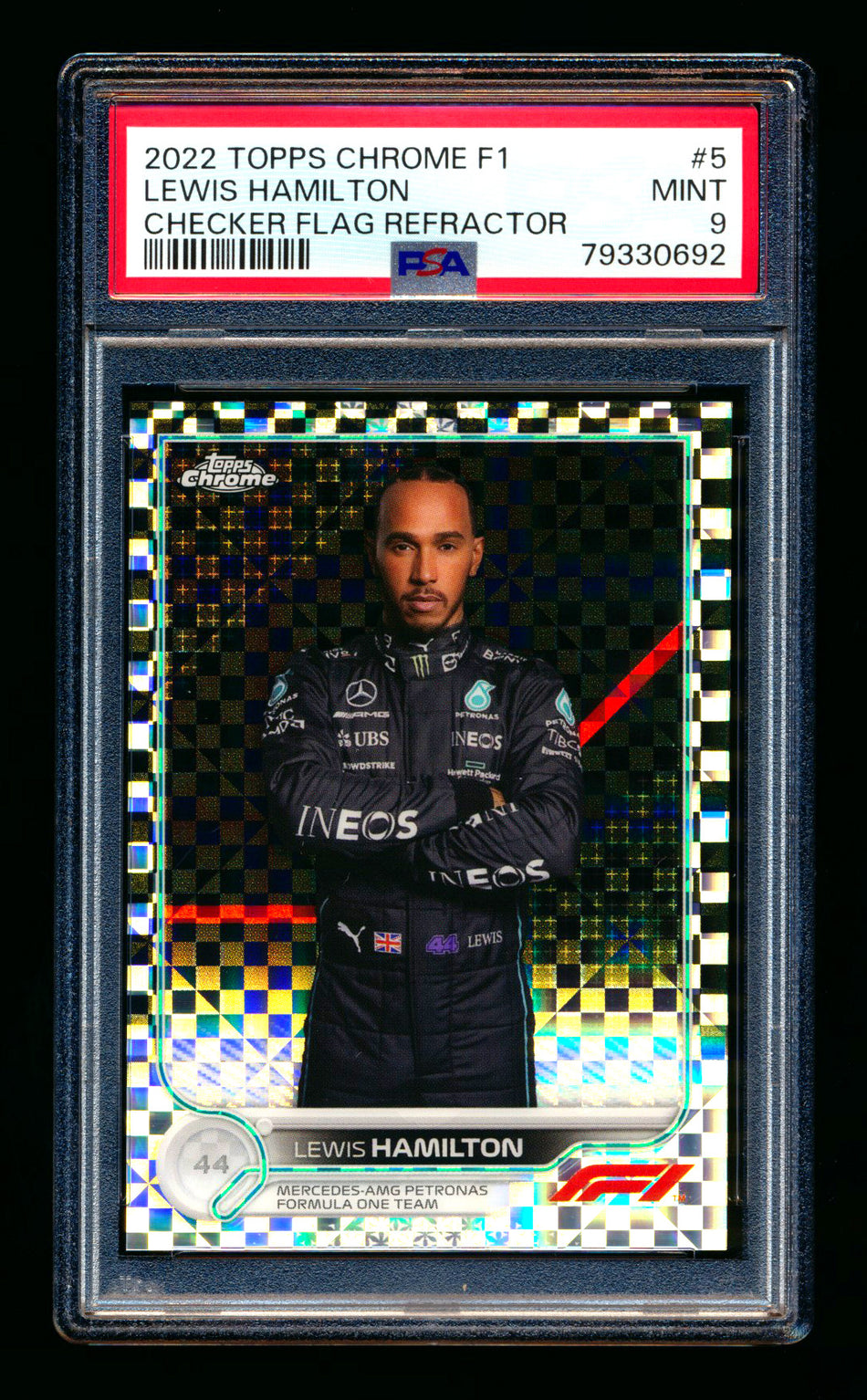 2022 Topps Chrome F1 #5 Lewis Hamilton Checker Flag Refractor Portrait PSA 9