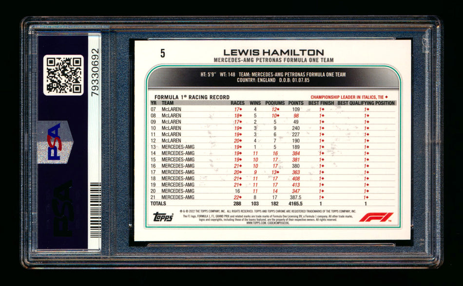 2022 Topps Chrome F1 #5 Lewis Hamilton Checker Flag Refractor Portrait PSA 9