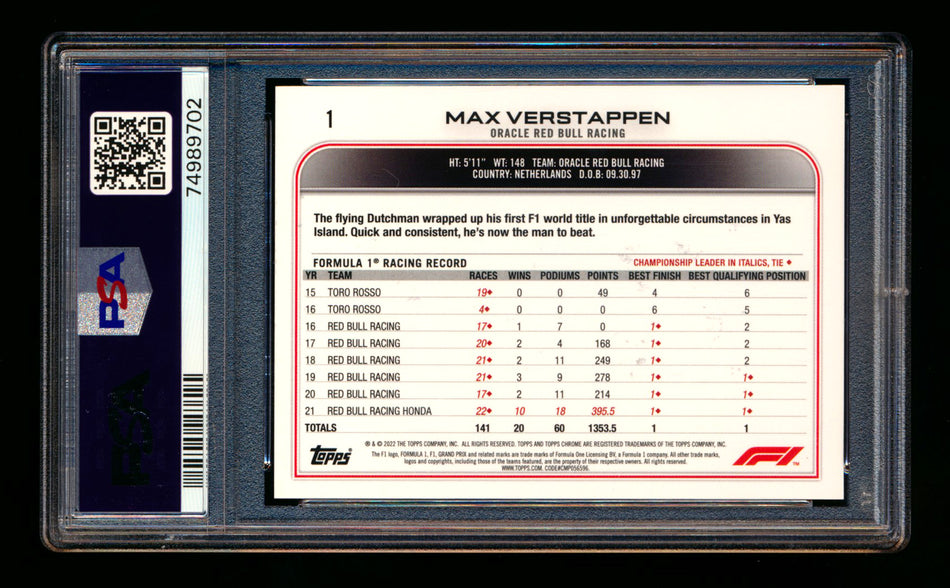 2022 Topps Chrome F1 #1 Max Verstappen Gold/Purple Refractor Portrait PSA 10 ** (SOLD eBay - $109.00 - 11/23/2025) **