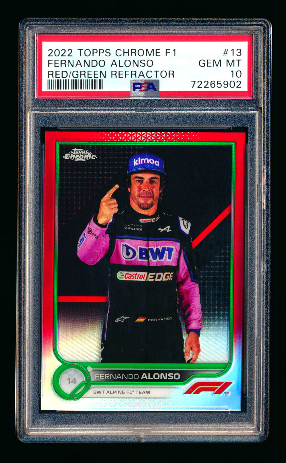 2022 Topps Chrome F1 #13 Fernando Alonso Red/Green Refractor PSA 10
