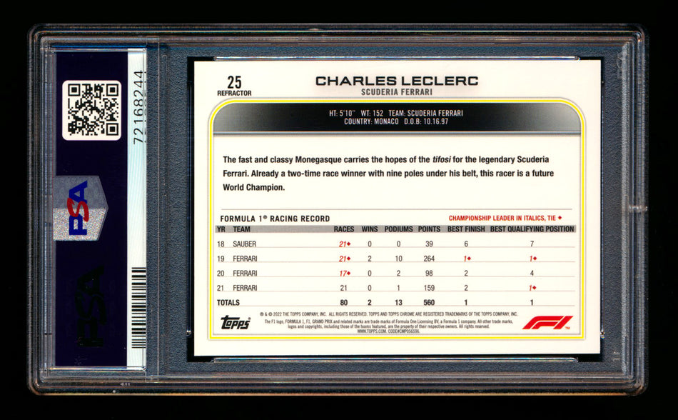 2022 Topps Chrome F1 #25 Charles Leclerc Refractor Portrait PSA 10