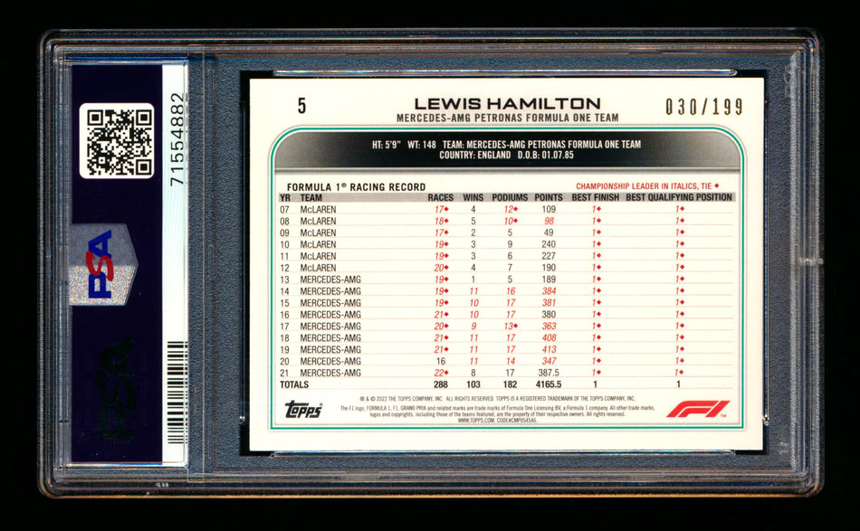 2022 Topps F1 #5 Lewis Hamilton Aqua Portrait #030/199 PSA 10 ** (SOLD - $105.00 - 12/6/2025) **