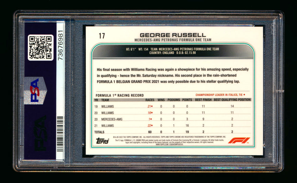 2022 Topps Chrome Sapphire F1 #17 George Russell Refractor Portrait PSA 10 ** (SOLD eBay - $45.00 - 11/27/2025) **