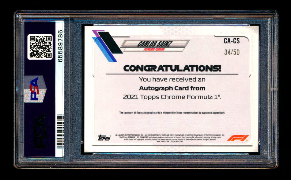 2021 Topps Chrome F1 #CA-CS Carlos Sainz Gold Wave Refractor Autograph #34/50 PSA 9 DNA 10 ** (SOLD eBay - $349.00 - 12/1/2025) **