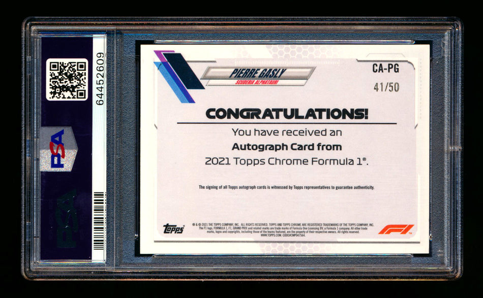 2021 Topps Chrome F1 #CA-PG Pierre Gasly Gold Wave Refractor Autograph #41/50 PSA 10 ** (SOLD eBay - $249.00 - 3/14/2026) **