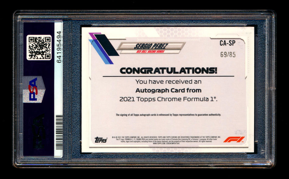 2021 Topps Chrome F1 #CA-SP Sergio Perez Refractor Autograph #69/85 PSA 9 DNA 10 ** (SOLD eBay - $349.00 - 12/12/2025) **