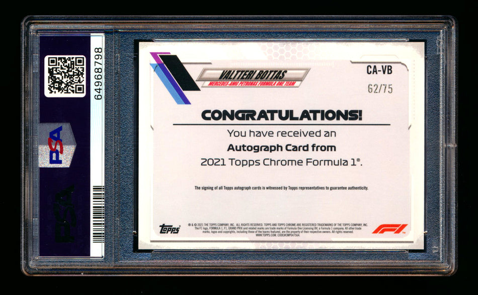 2021 Topps Chrome F1 #CA-VB Valtteri Bottas Refractor Autograph #62/75 PSA 9 ** (SOLD eBay - $151.00 - 12/12/2025) **