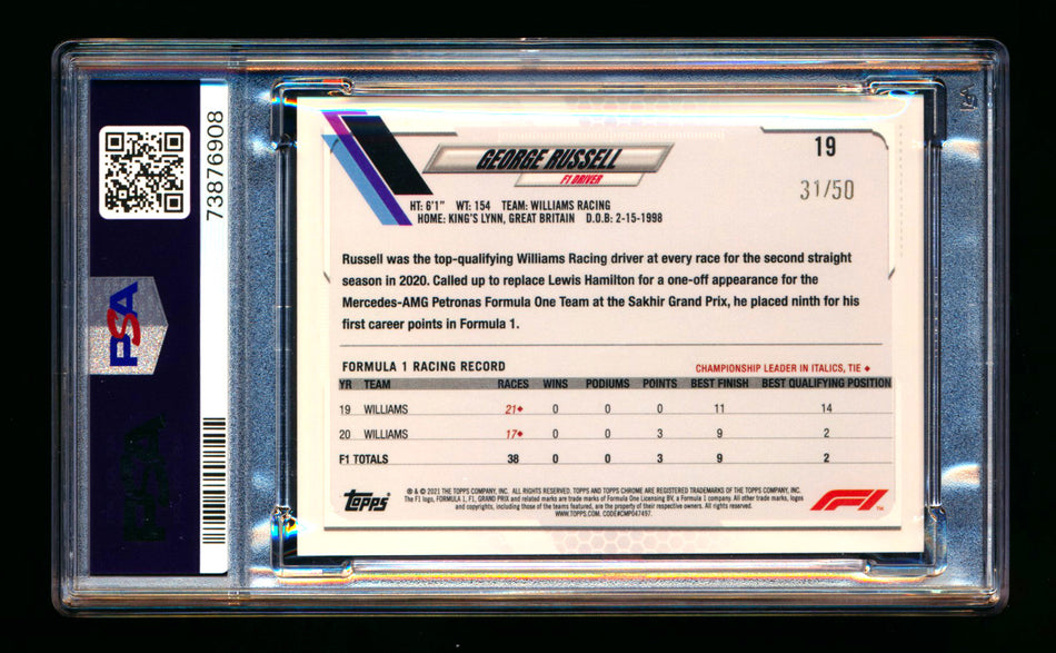 2021 Topps Chrome F1 #19 George Russell Gold Wave Refractor Portrait #31/50 PSA 10 ** (SOLD eBay - $149.00 - 3/8/2026) **