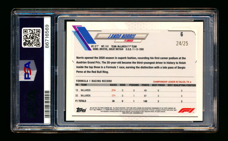 2021 Topps Chrome F1 #6 Lando Norris Orange Wave Refractor Portrait #24/25 PSA 9 ** (SOLD eBay - $150.00 - 11/28/2025) **