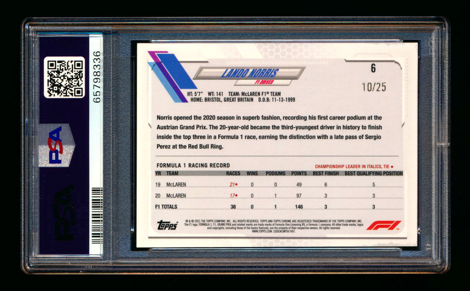 2021 Topps Chrome F1 #6 Lando Norris Orange Refractor Portrait #10/25 PSA 10