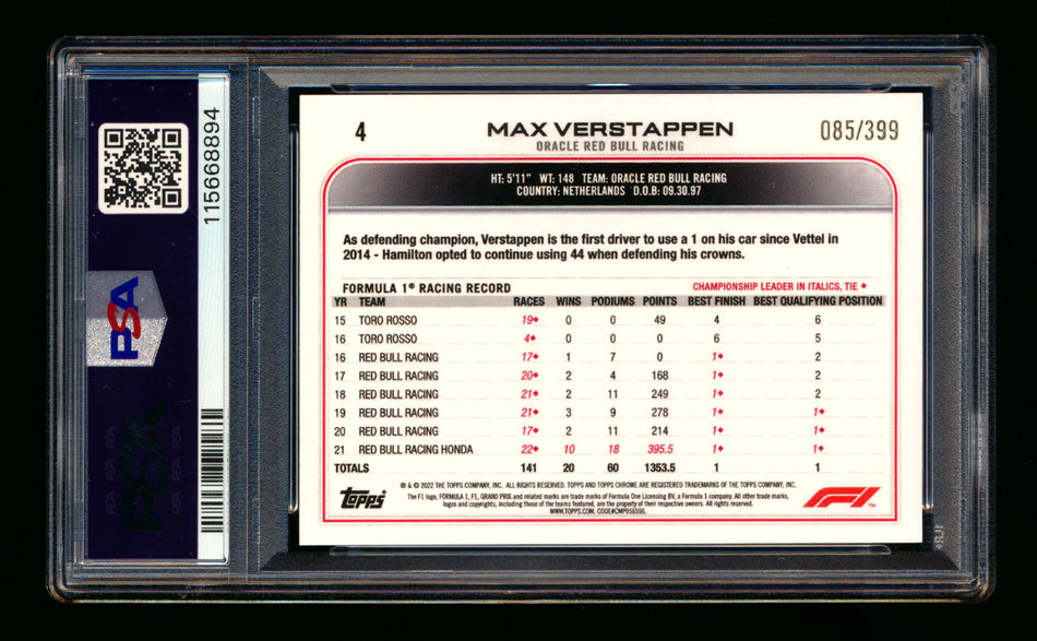 2022 Topps Chrome F1 #4 Max Verstappen Purple Refractor #085/399 PSA 9