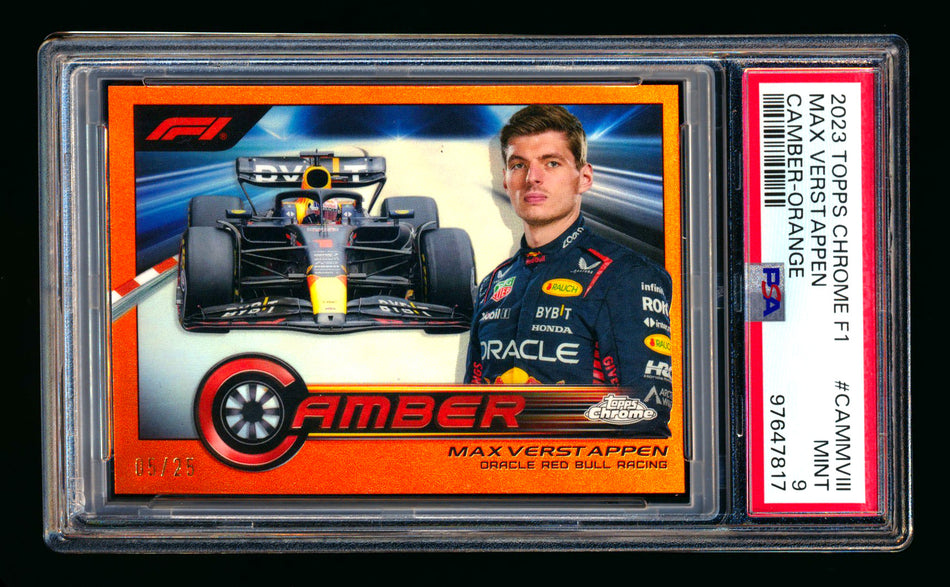 2023 Topps Chrome F1 Camber #CAM-MVIII Max Verstappen Orange Refractor #05/25 PSA 9